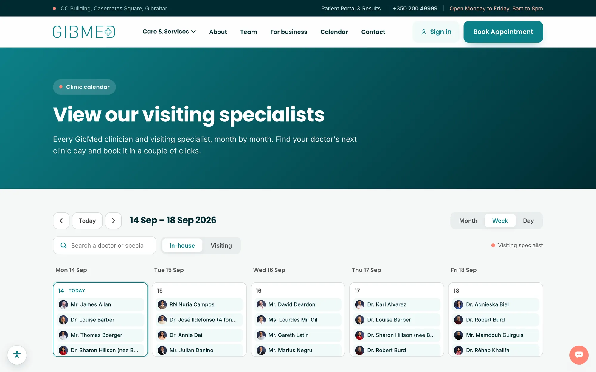 Clinic calendar, week view of visiting specialists