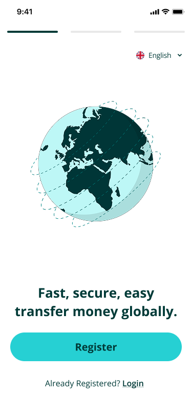 Friendi Pay Oman — redesigned welcome screen with a clean illustrated globe and a clear call to action
