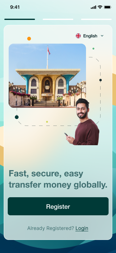 Old Friendi Pay welcome screen — photo collage and a dark rectangular button