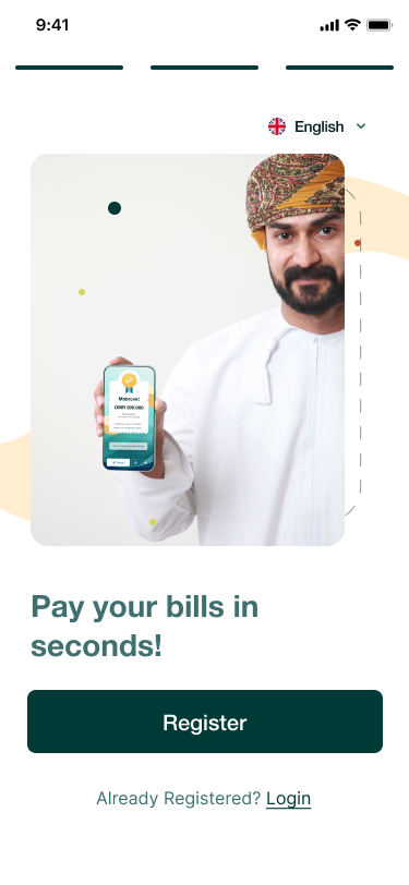 Old bill-payment onboarding slide — photo of a person holding a phone