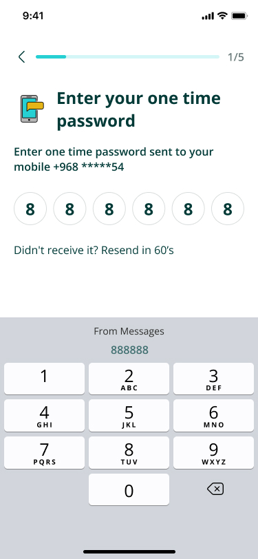 Step 2 — enter the one-time password, autofilled from SMS