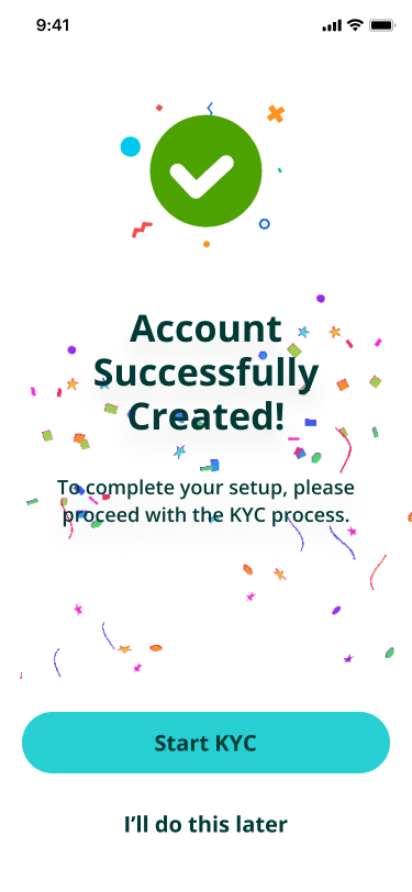 Account created — continue to KYC