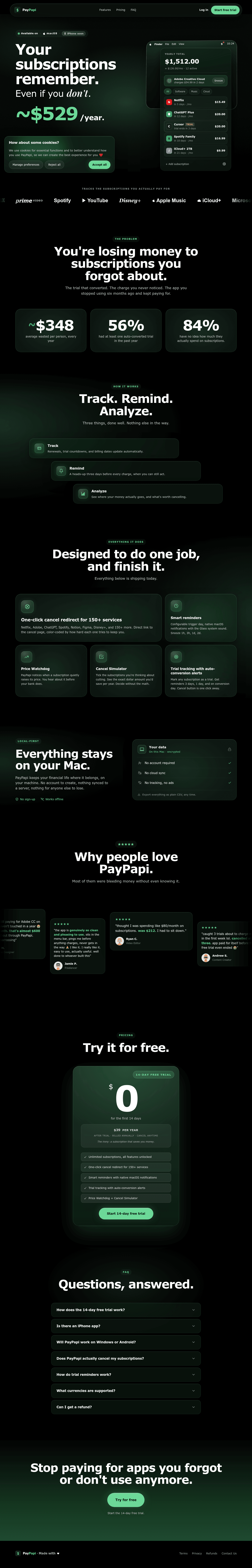 The full PayPapi landing page — hero, features, privacy, reviews and pricing