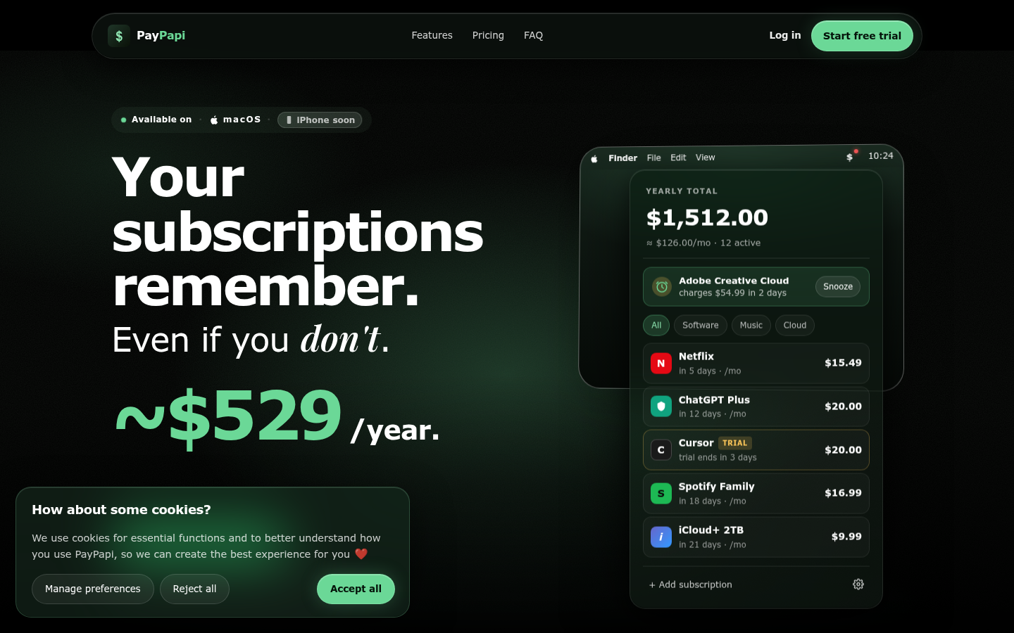 PayPapi website — Your subscriptions remember, even if you don't, with the Mac app shown alongside
