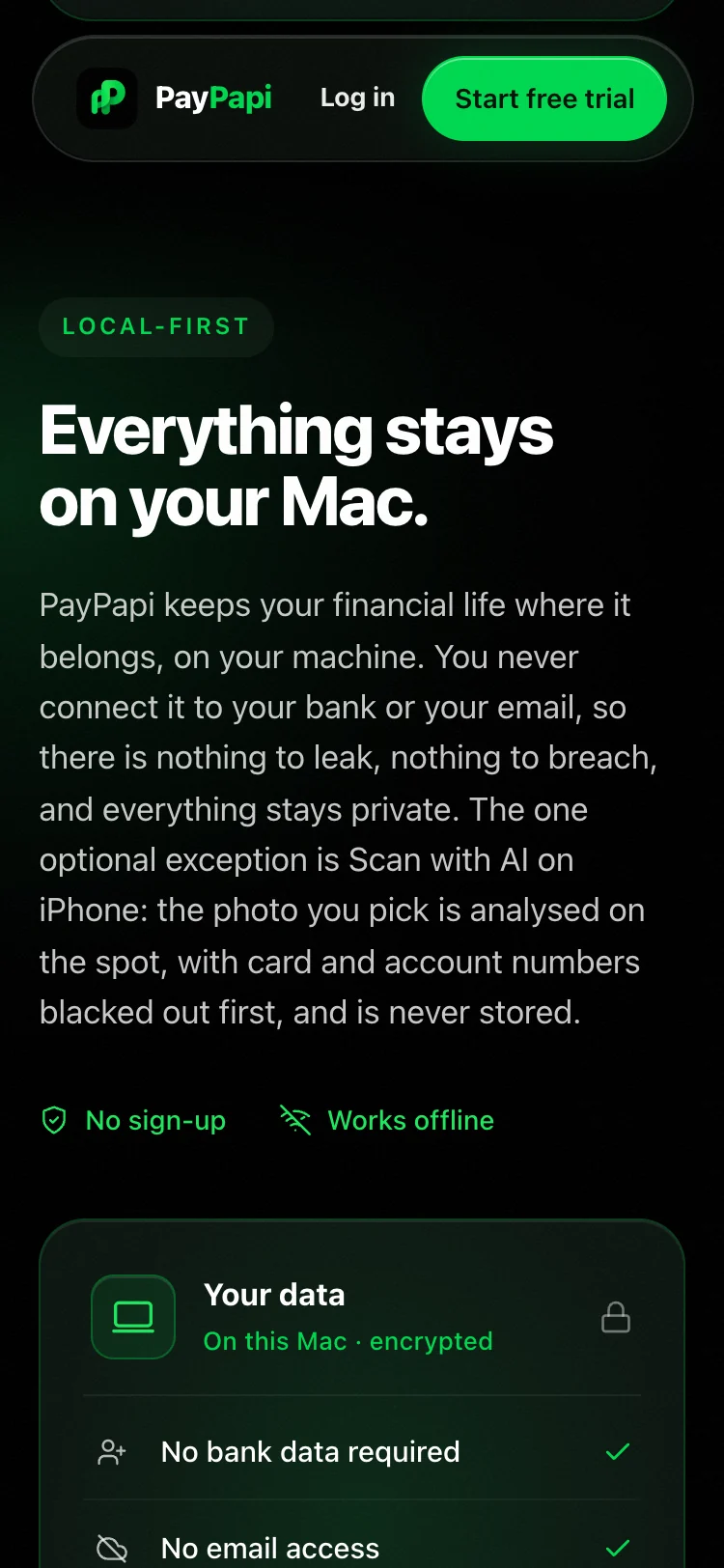 PayPapi website on a phone: Everything stays on your Mac