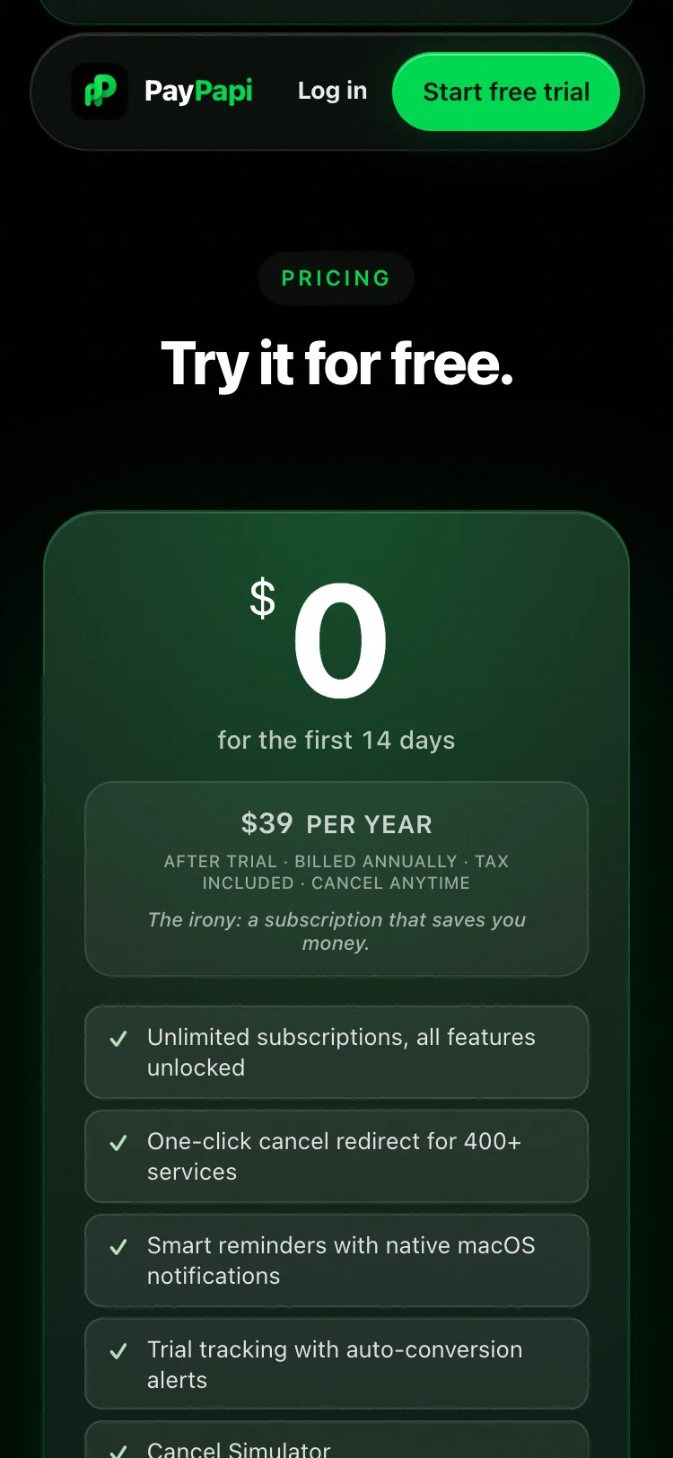 PayPapi website on a phone: Try it for free, then $39 a year