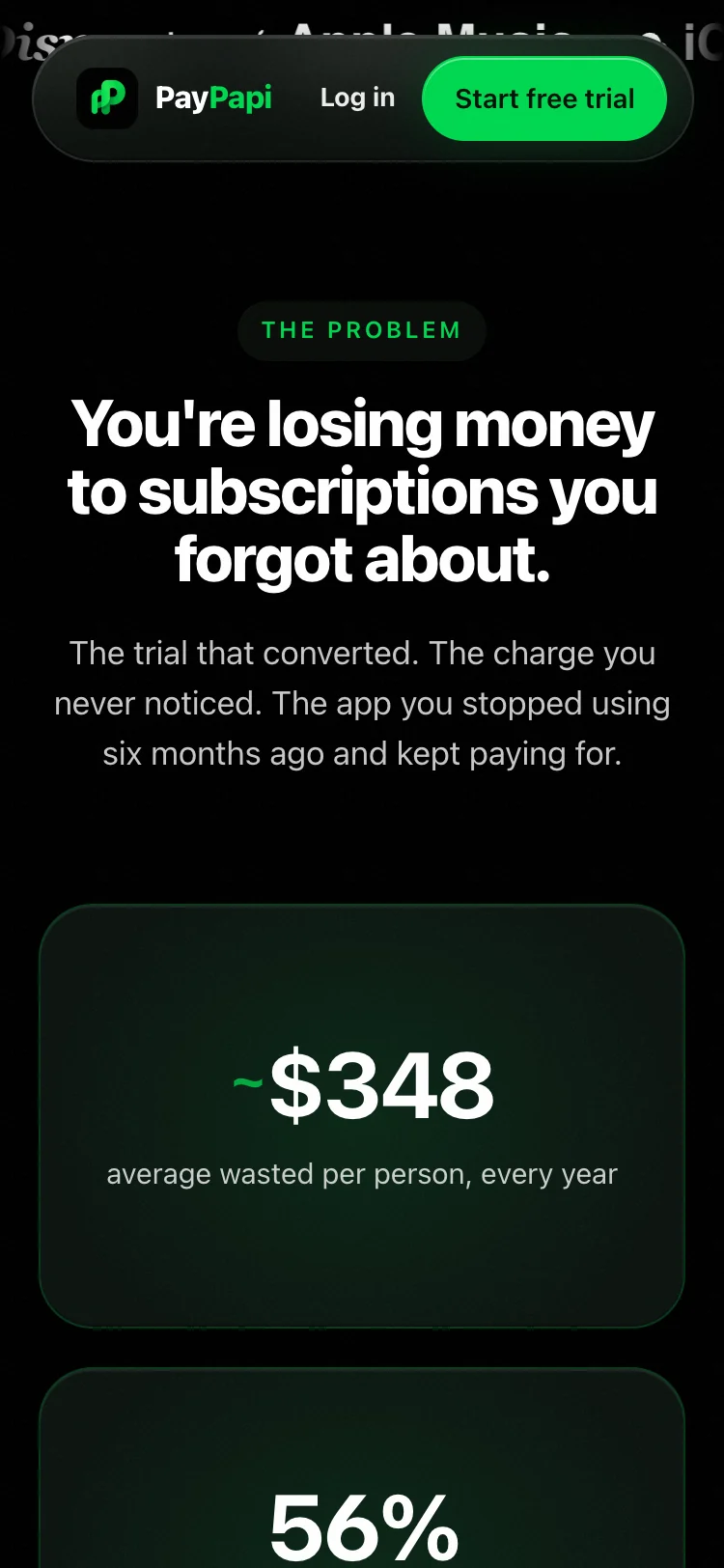 PayPapi website on a phone: You're losing money to subscriptions you forgot about
