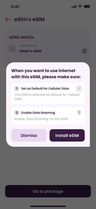 Roam app — guided eSIM install popup: set as default, enable data roaming, install eSIM