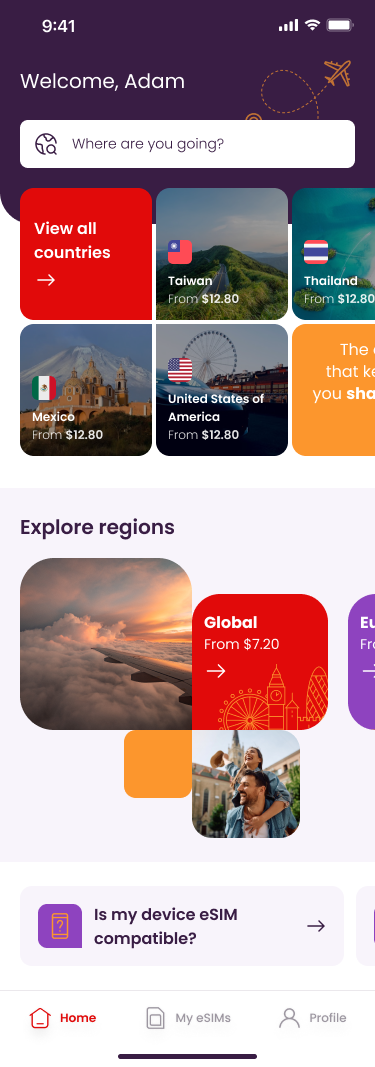 Virgin Connect Roam app home — destination-first browsing with country, regional and global plans