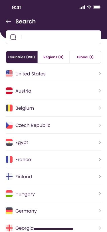 Search — 190 countries, 8 regions, global