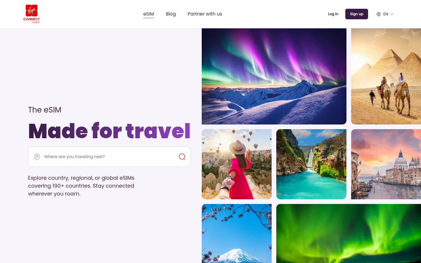 Roam website — The eSIM Made for travel, with a destination photo grid