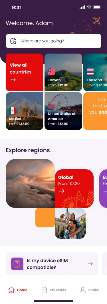 Virgin Connect Roam app home screen